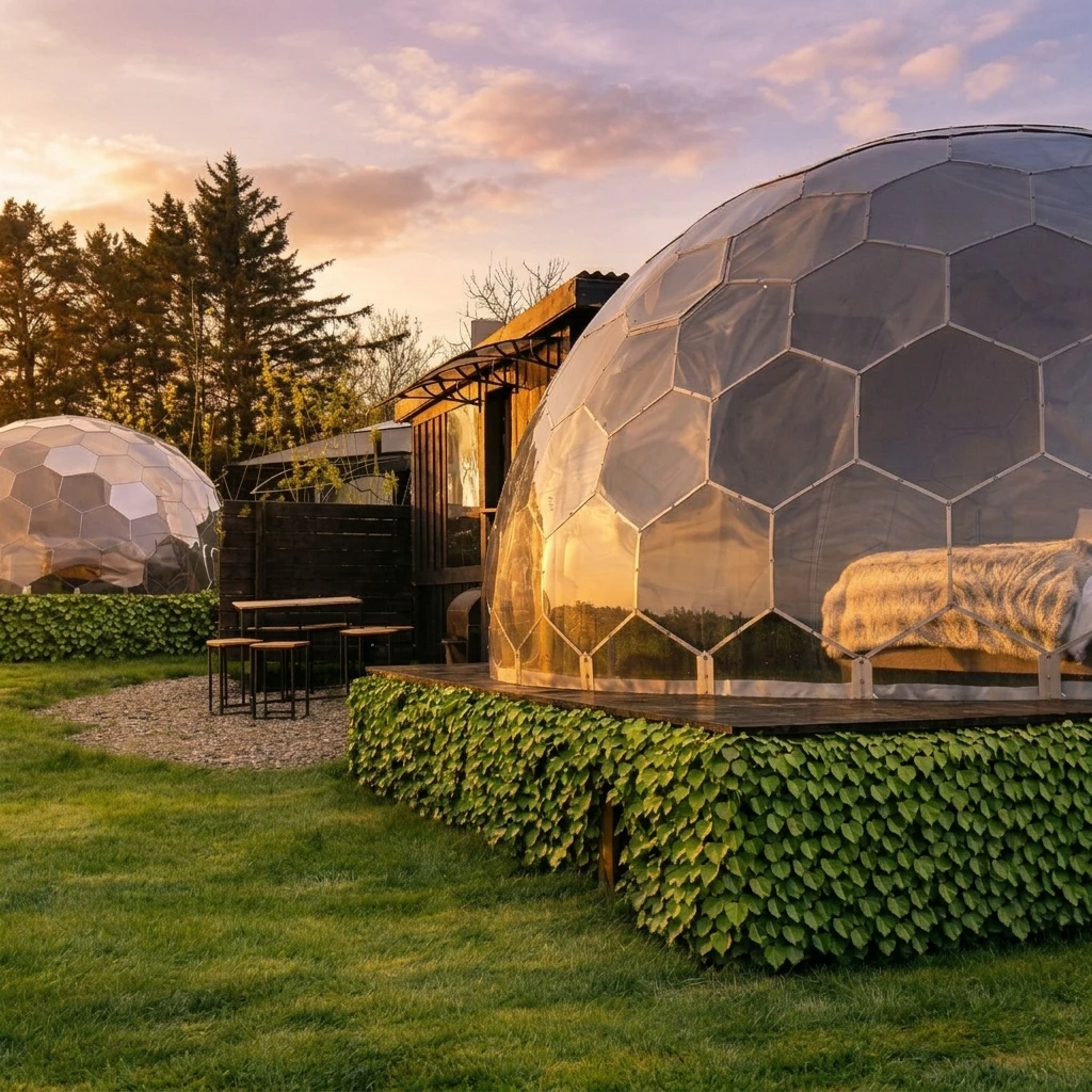 Mirrored glamping dome with private hot tub on the North Coast