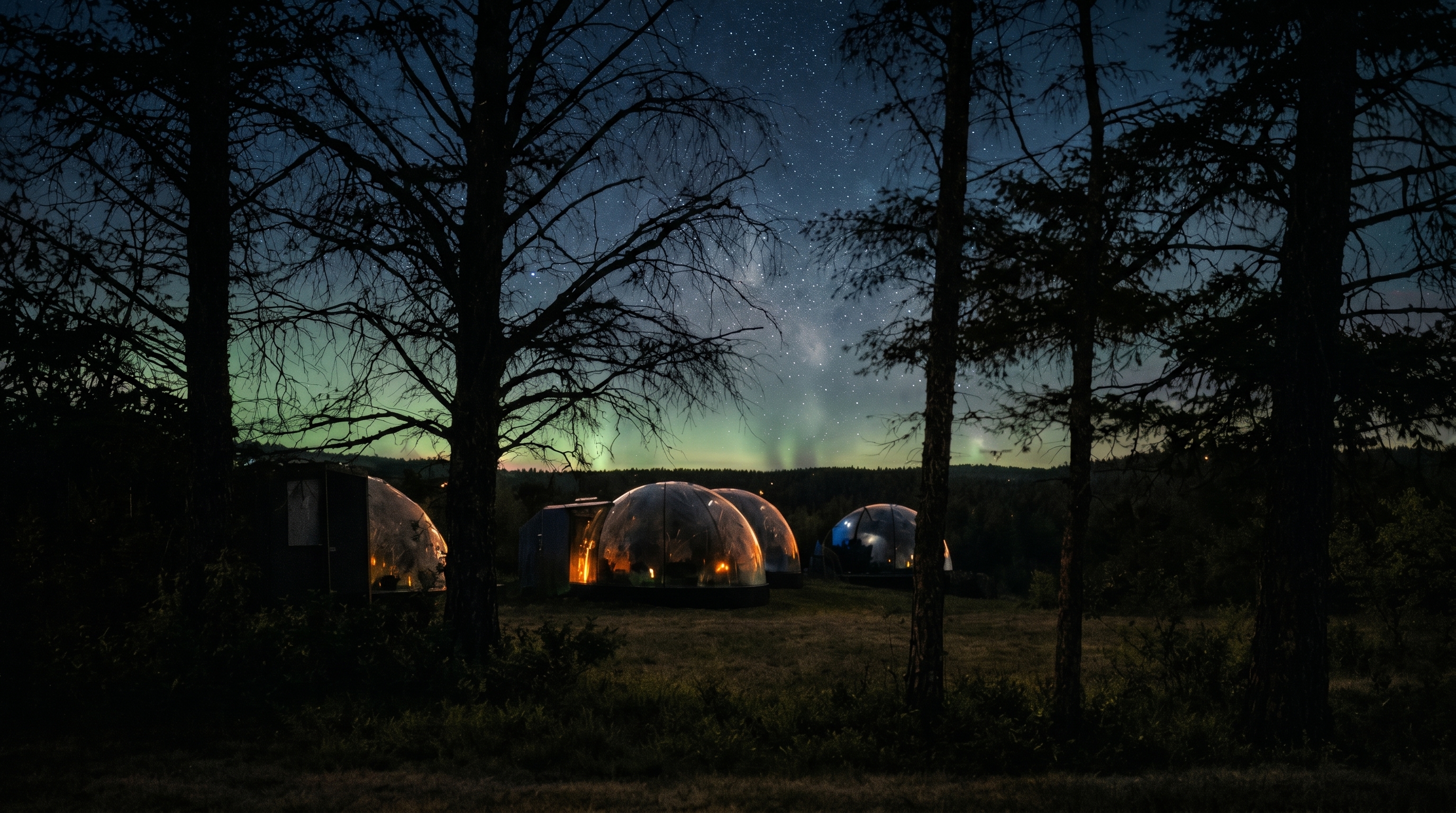 A mirrored dome silhouetted against a North Coast sky lit by the aurora borealis